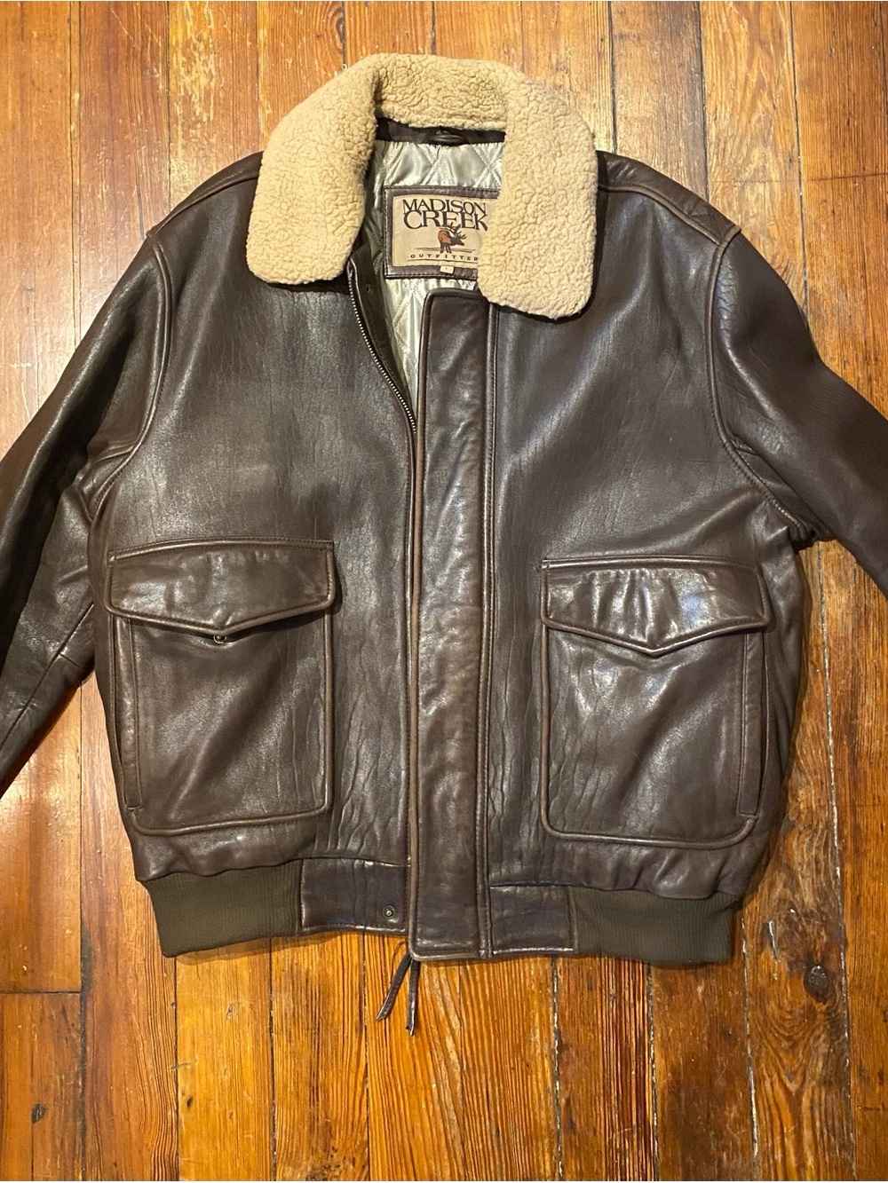 Men's Dark Brown Leather Bomber Jacket with Cream Shearling Collar